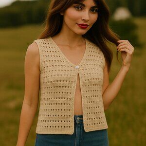 Y2K Crochet Sweater Vest Women M Beige Open Knit Cottagecore Boho Hippie Vintage